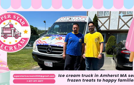 Ice cream truck in Amherst MA serving frozen treats to happy families