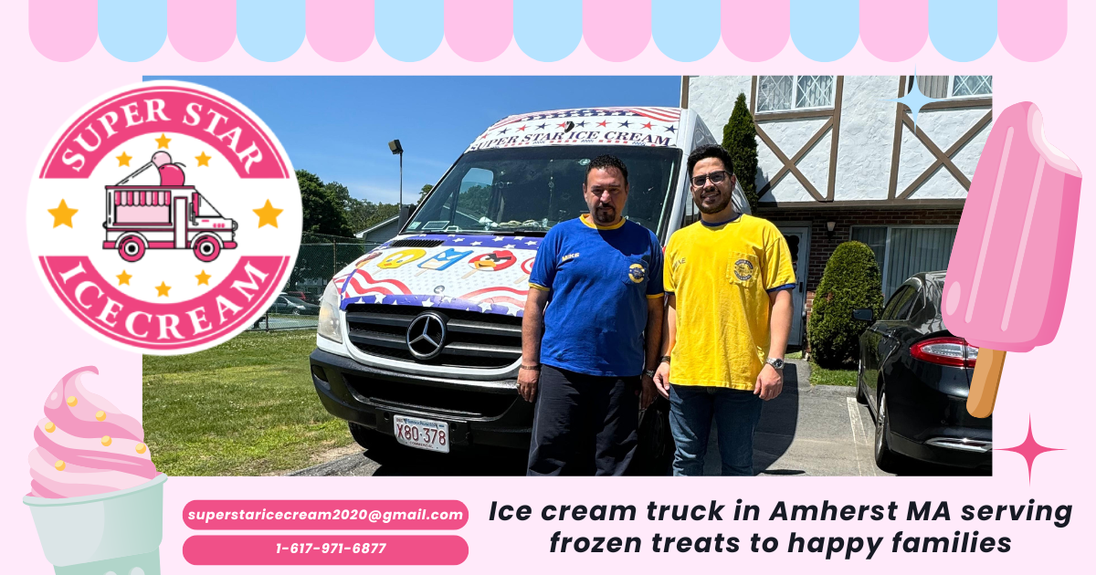 Ice cream truck in Amherst MA serving frozen treats to happy families